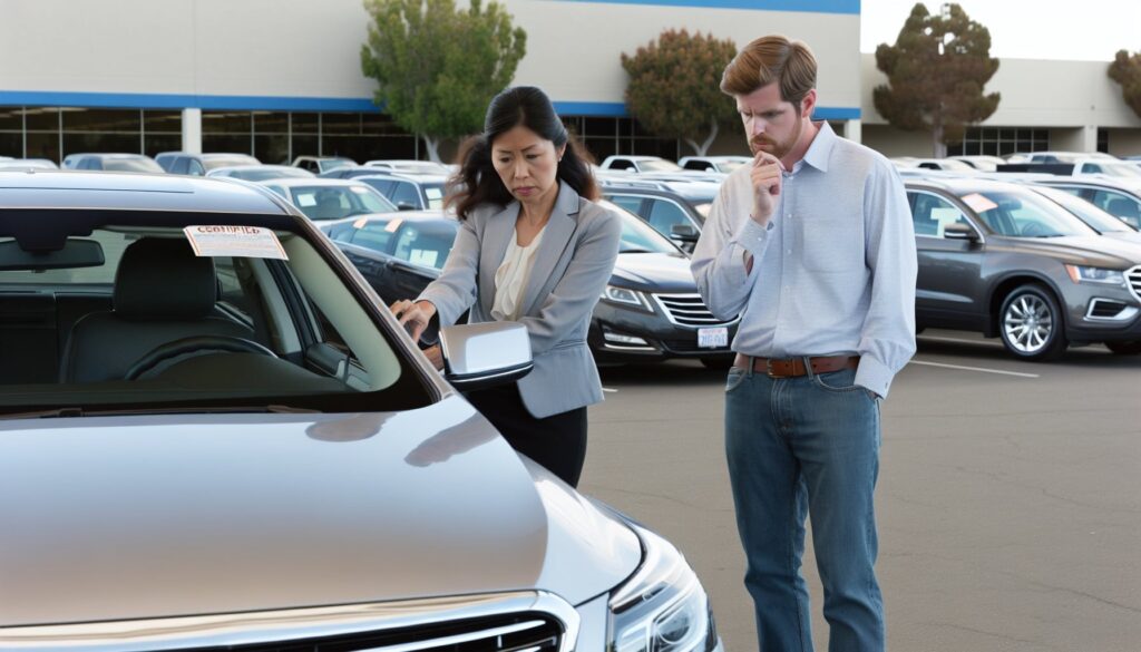 Man and woman looking at a used car